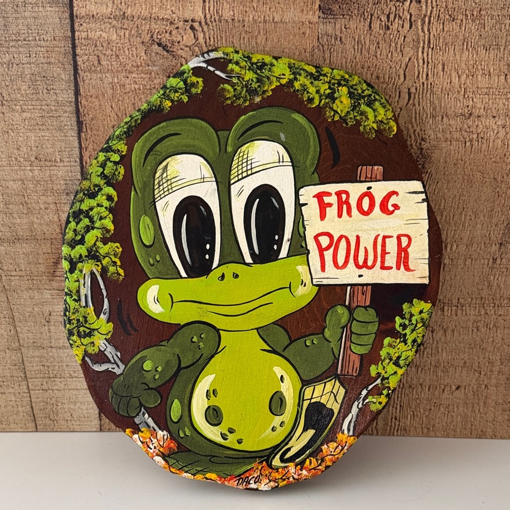 Vintage Kitschy Hand-Painted Frog Folk Art on Wood~Signed Daco “Frog Power”